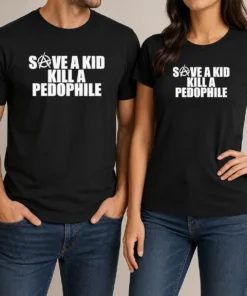 Premium Save A Kid Kill A Pedophile Anarchy Symbol Message t shirt front view in black cotton fabric