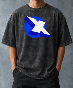Premium Top X Logo On Blue Circle Symbol Logo Washed T Shirt in soft cotton fabric with a faded blue circle symbol