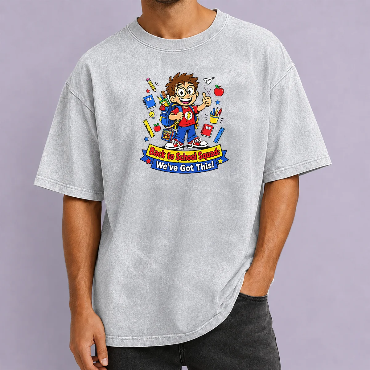 Pretty Awesome Back To School Cartoon Squad For Kids Washed T Shirt featuring vibrant cartoon characters on a soft washed fabric