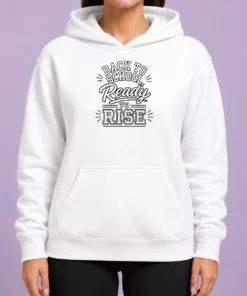 Pretty Back To School Ready To Rise Line Art Hoodie in soft fabric with front kangaroo pocket and adjustable drawstring hood