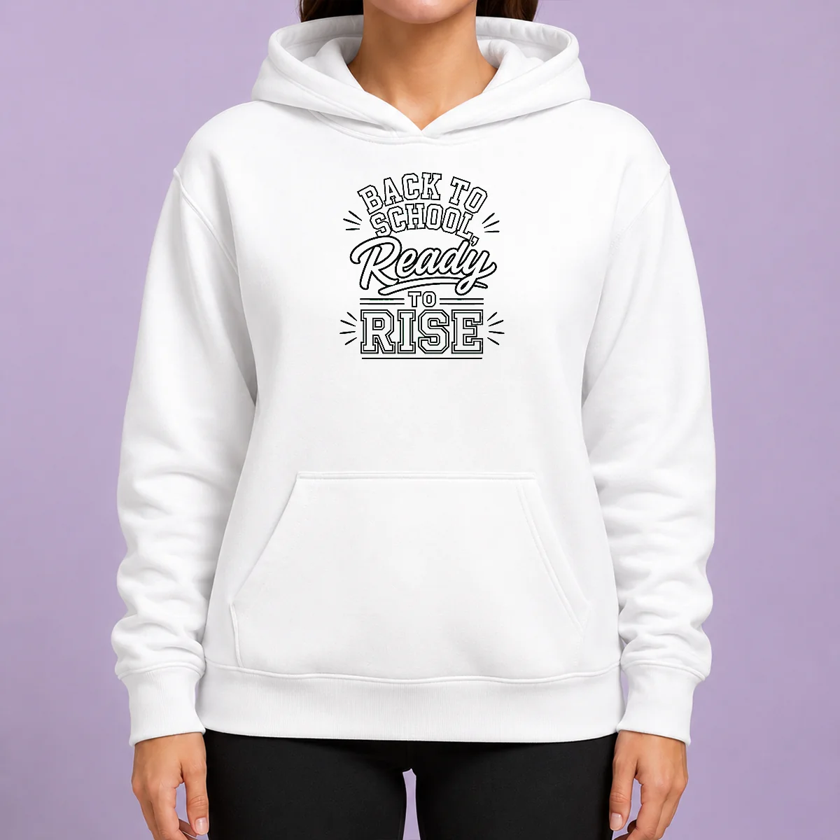 Pretty Back To School Ready To Rise Line Art Hoodie in soft fabric with front kangaroo pocket and adjustable drawstring hood