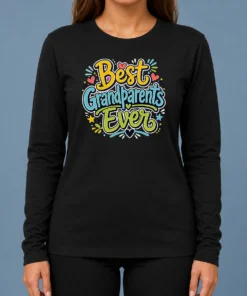 Pretty Best Grandparents Ever Doodle Typography Long Sleeve Shirt in white, front view with clear text and doodle design