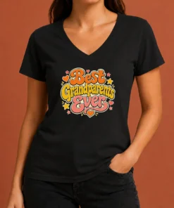 Pretty Best Grandparents Ever Groovy Retro V Neck Shirt in soft fabric with colorful retro design