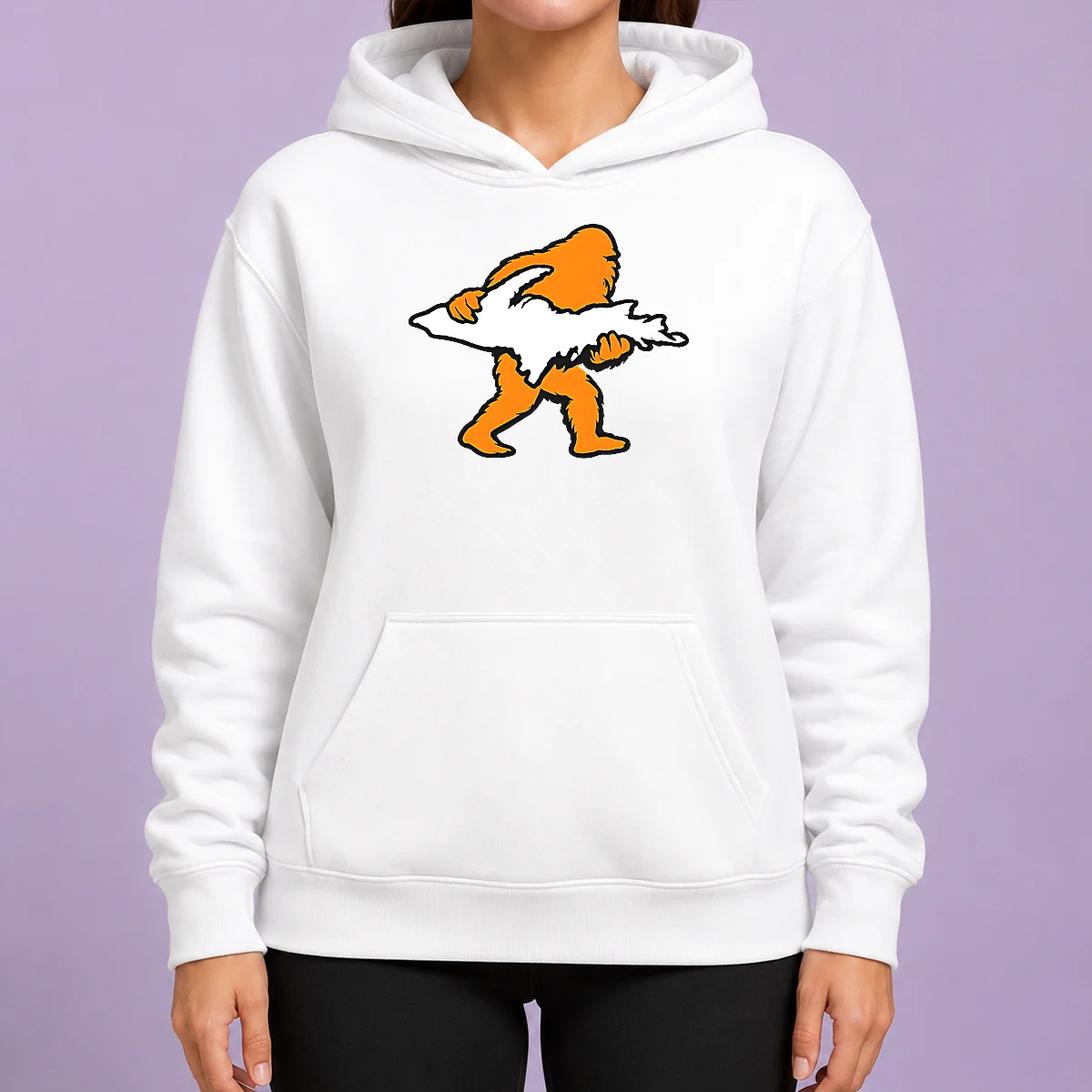 Pretty Bigfoot Holding UP Of Michigan Upper Peninsula Hoodie in charcoal gray, front view with kangaroo pocket and drawstring hood