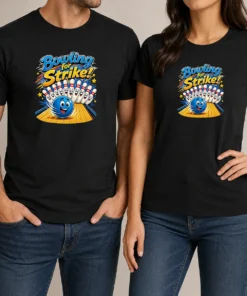 Pretty Bowling For Strike Anime t shirt in black, featuring vibrant anime bowling graphic on front