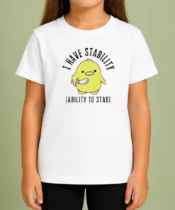Pretty Cute Duck I Have Stability Ability To Stab Pun Meme Quote Yellow Bird kids t shirt in yellow, front view