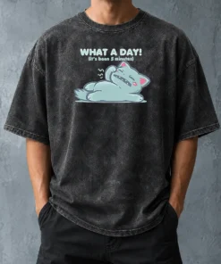 Pretty Exhausted Cartoon Cat Lying Down What A Day It'S Been 5 Minutes Washed T-Shirt
