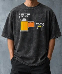 Pretty Film Canister Telling The Scared SD Memory Card I Am Your Father Meme Washed T Shirt showcasing soft washed cotton fabric and clear printed graphic