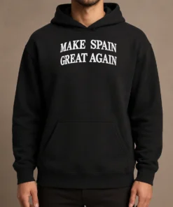 Pretty Funny Make Spain Great Again Cap Hoodie in black, front view with drawstrings and kangaroo pocket