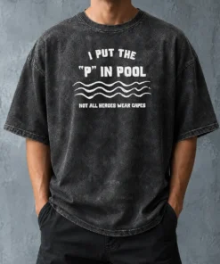 Pretty I Put The P In Pool Not All Heroes Wear Capes Swimming Washed T Shirt in light blue with vintage wash effect