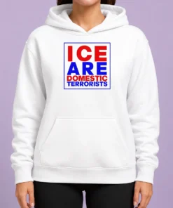 Pretty ICE Are Domestic Terrorists Hoodie in black with front graphic print and drawstring hood