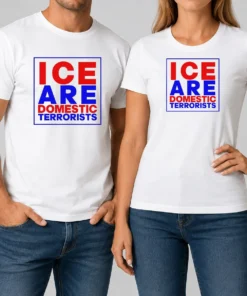 Pretty ICE Are Domestic Terrorists t shirt in black, short sleeve cotton tee with bold white text design