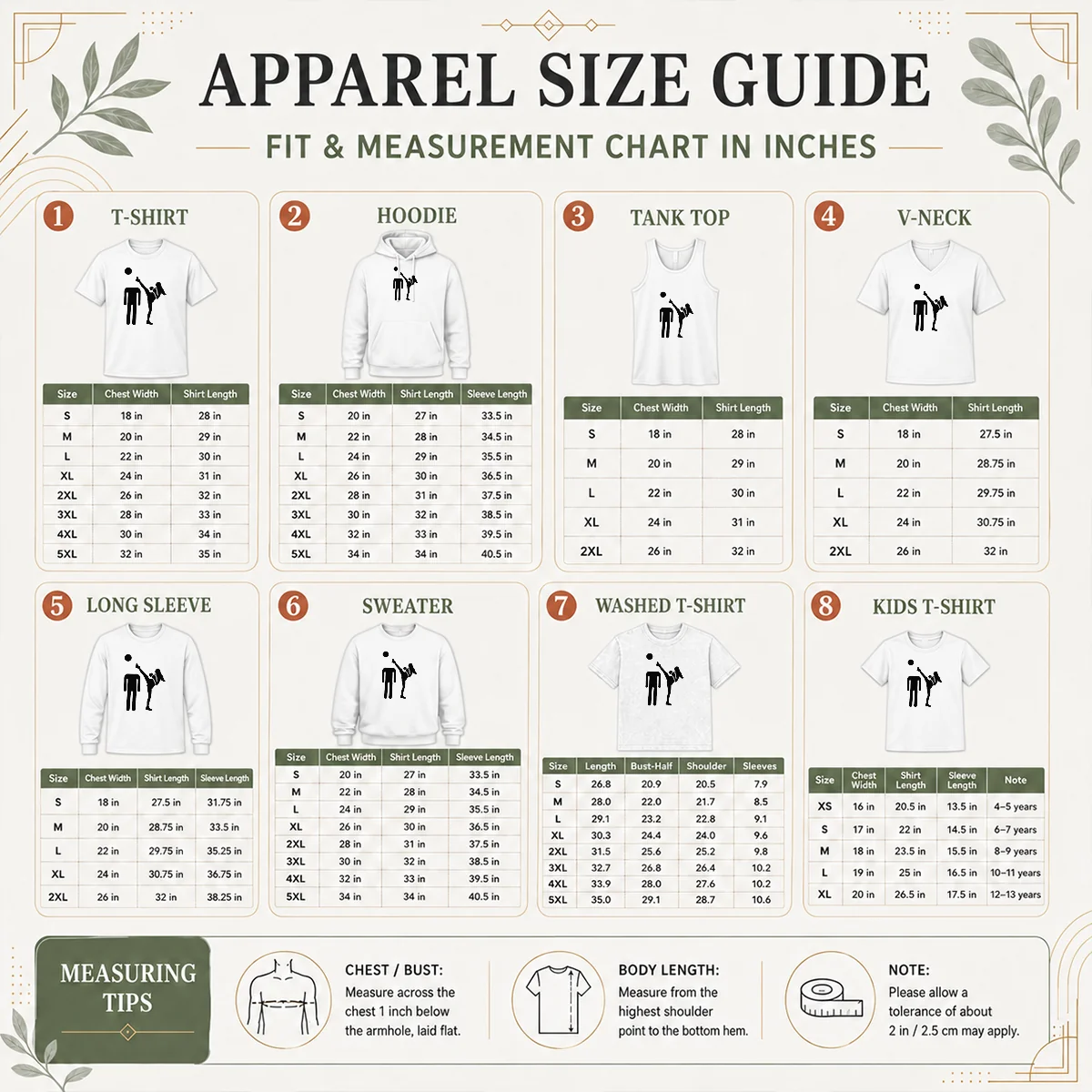 Pretty Kick Him Funny Size Chart Size chart for Pretty Kick Him Funny showing measurements in inches and cm for accurate sizing