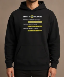 Pretty Liberty Ukraine Support Aid And Hope For Those Affected By The War Hoodie in blue, front view with drawstring hood and kangaroo pocket