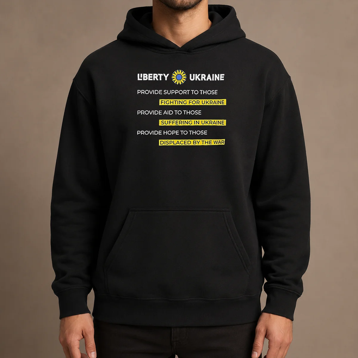 Pretty Liberty Ukraine Support Aid And Hope For Those Affected By The War Hoodie in blue, front view with drawstring hood and kangaroo pocket
