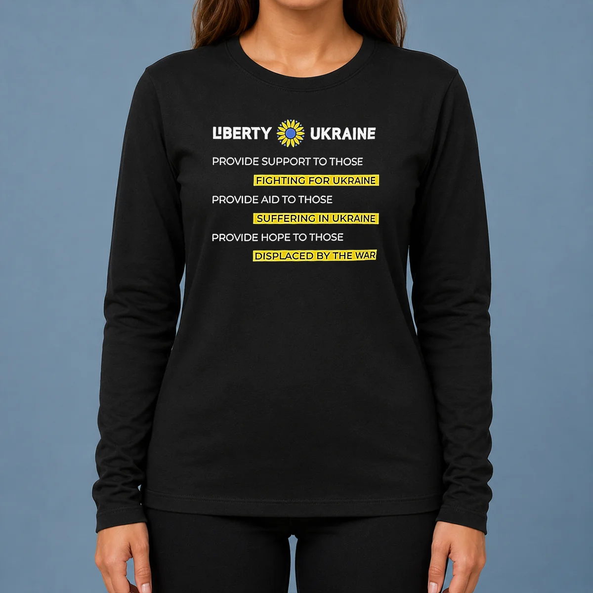 Pretty Liberty Ukraine Support Aid And Hope For Those Affected By The War long sleeve shirt in blue with front graphic print