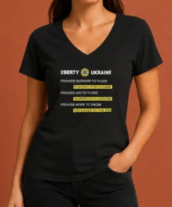 Pretty Liberty Ukraine Support Aid And Hope For Those Affected By The War V Neck Shirt in navy blue with yellow and blue print
