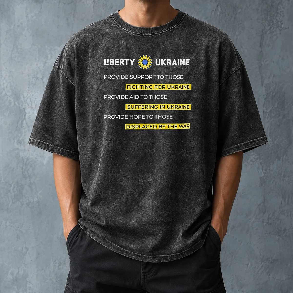 Pretty Liberty Ukraine Support Aid And Hope For Those Affected By The War Washed T Shirt in soft washed cotton fabric