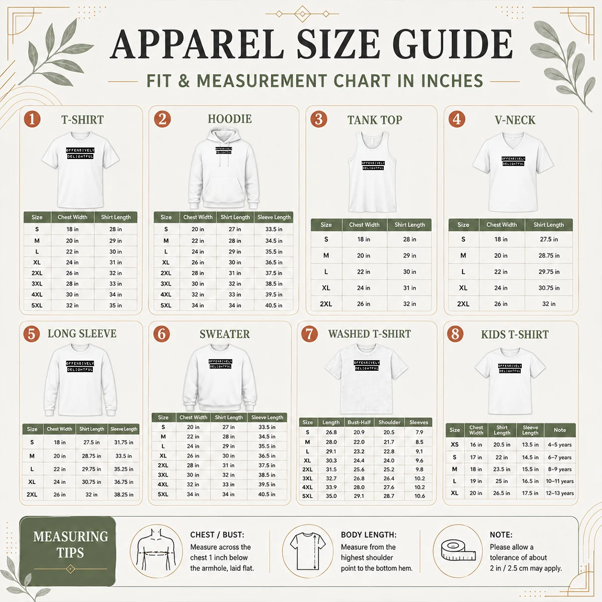 Pretty Offensively Delightful Size Chart Size chart for Pretty Offensively Delightful showing measurements in inches and centimeters