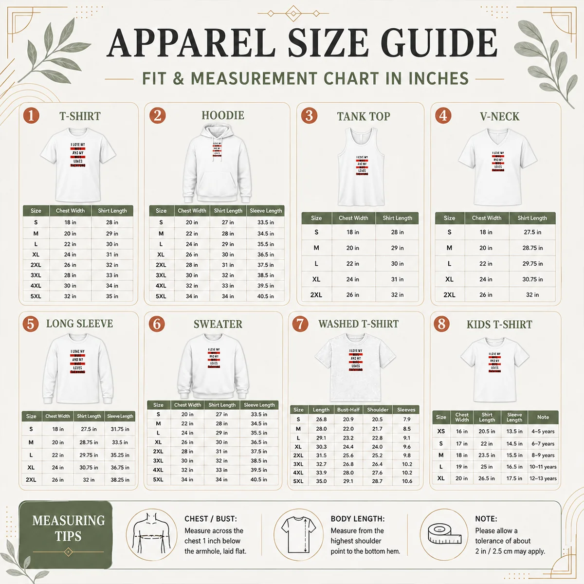Pretty Official Taehyung BTS I Love My Wife And My Wife Loves Taehyung Size Chart Size chart for Pretty Official Taehyung BTS I Love My Wife And My Wife Loves Taehyung showing measurements in inches and cm