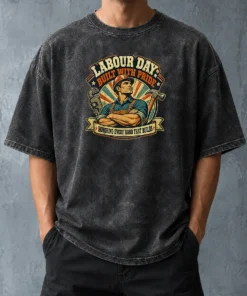 Pretty Retro Labour Day Celebration Pride Worker Washed T Shirt showing soft fabric and vintage style print on a washed tshirt