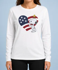 Pretty Snoopy And Woodstock American Flag Heart Long Sleeve Shirt