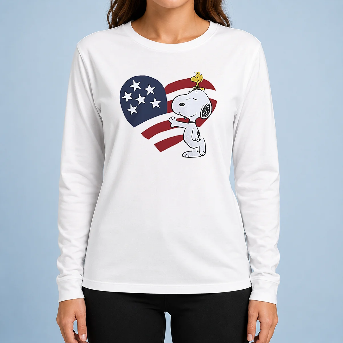 Pretty Snoopy And Woodstock American Flag Heart Long Sleeve Shirt