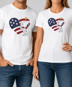 Pretty Snoopy And Woodstock American Flag Heart t shirt featuring a classic crew neck and short sleeves in a comfortable cotton blend