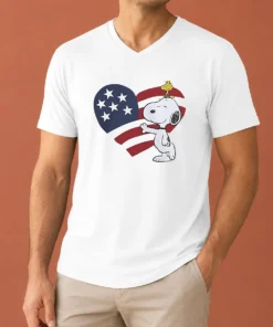 Pretty Snoopy And Woodstock American Flag Heart V-Neck Shirt