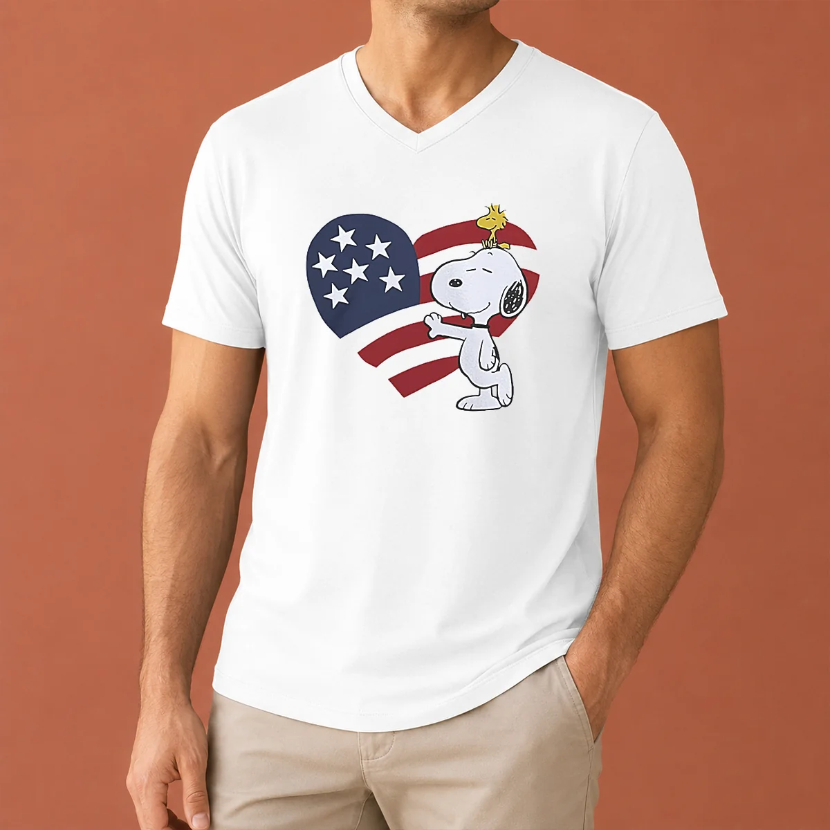Pretty Snoopy And Woodstock American Flag V-Neck Shirt Pretty Snoopy And Woodstock American Flag V-Neck Shirt