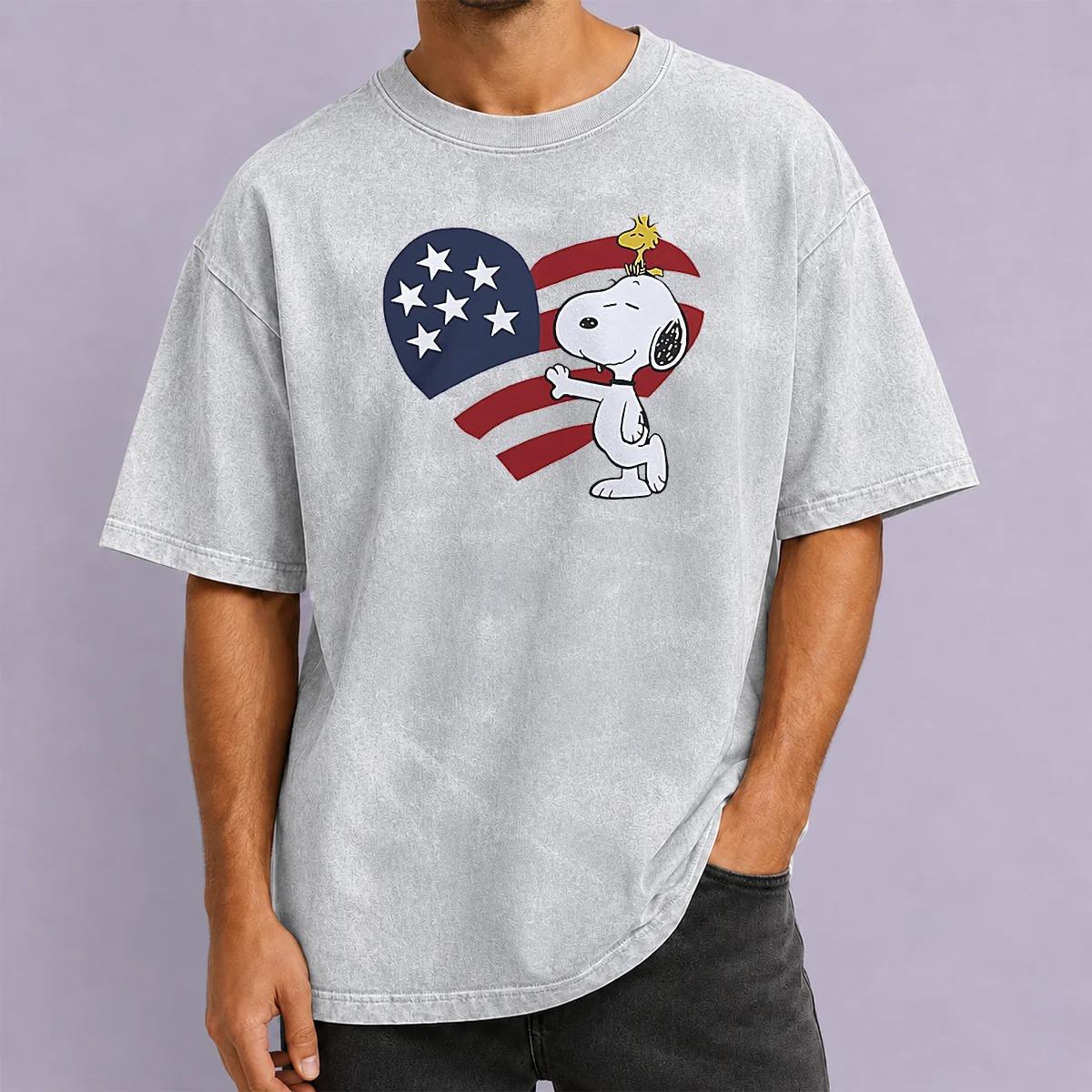 Pretty Snoopy And Woodstock American Flag Heart Washed T-Shirt