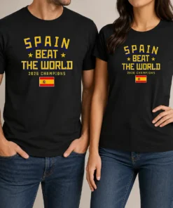 Pretty Spain Beat The World 2026 Champions Soccer t shirt in classic crew neck style with bold red and yellow graphics