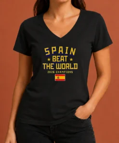 Pretty Spain Beat The World 2026 Champions Soccer V Neck Shirt in red with bold championship text