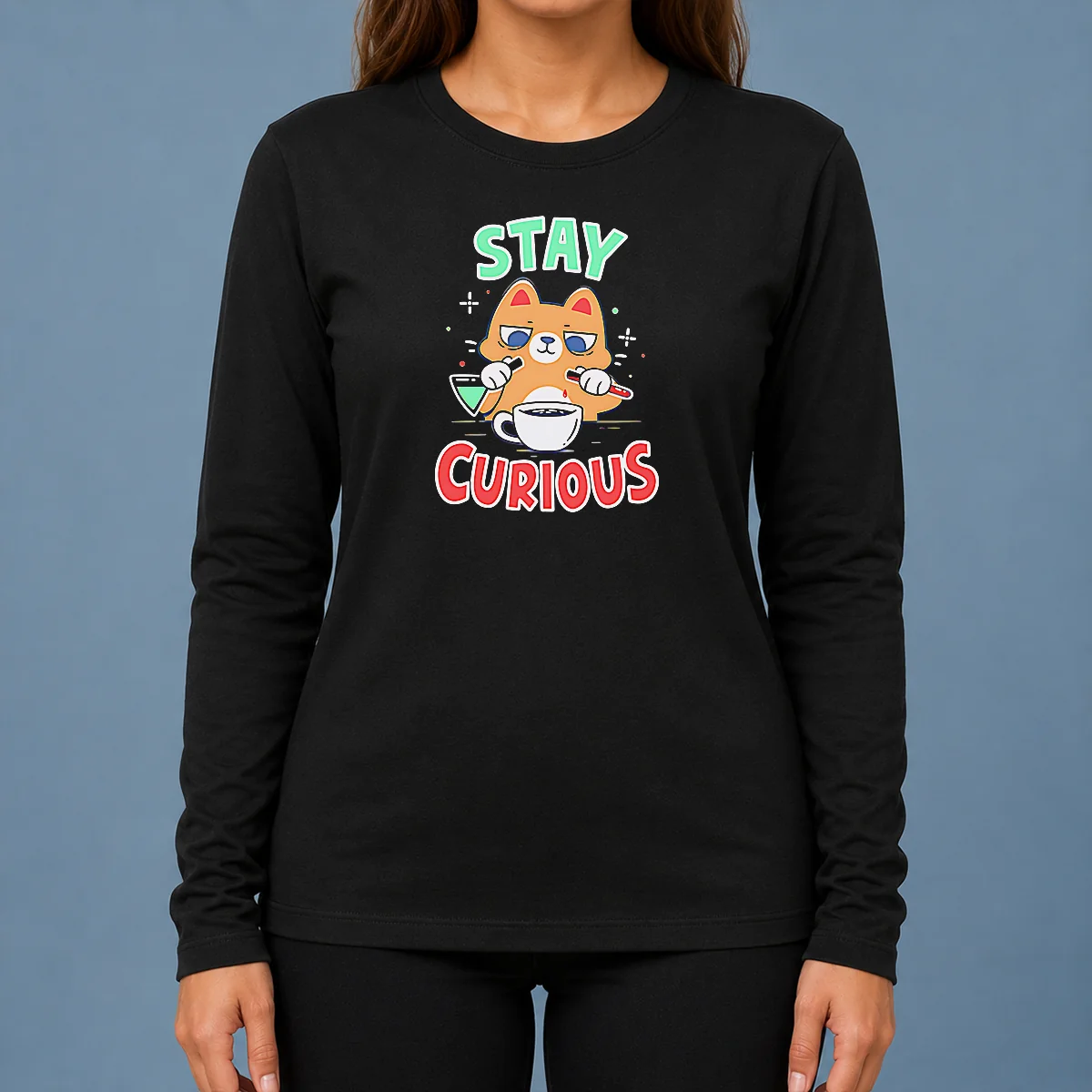 Pretty Stay Curious Science Cat Chemistry Laboratory Long Sleeve Shirt