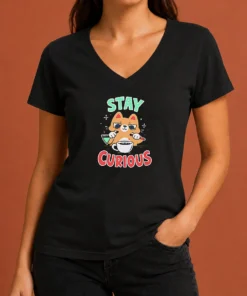 Pretty Stay Curious Science Cat Chemistry Laboratory V Neck Shirt with short sleeves and fitted cut