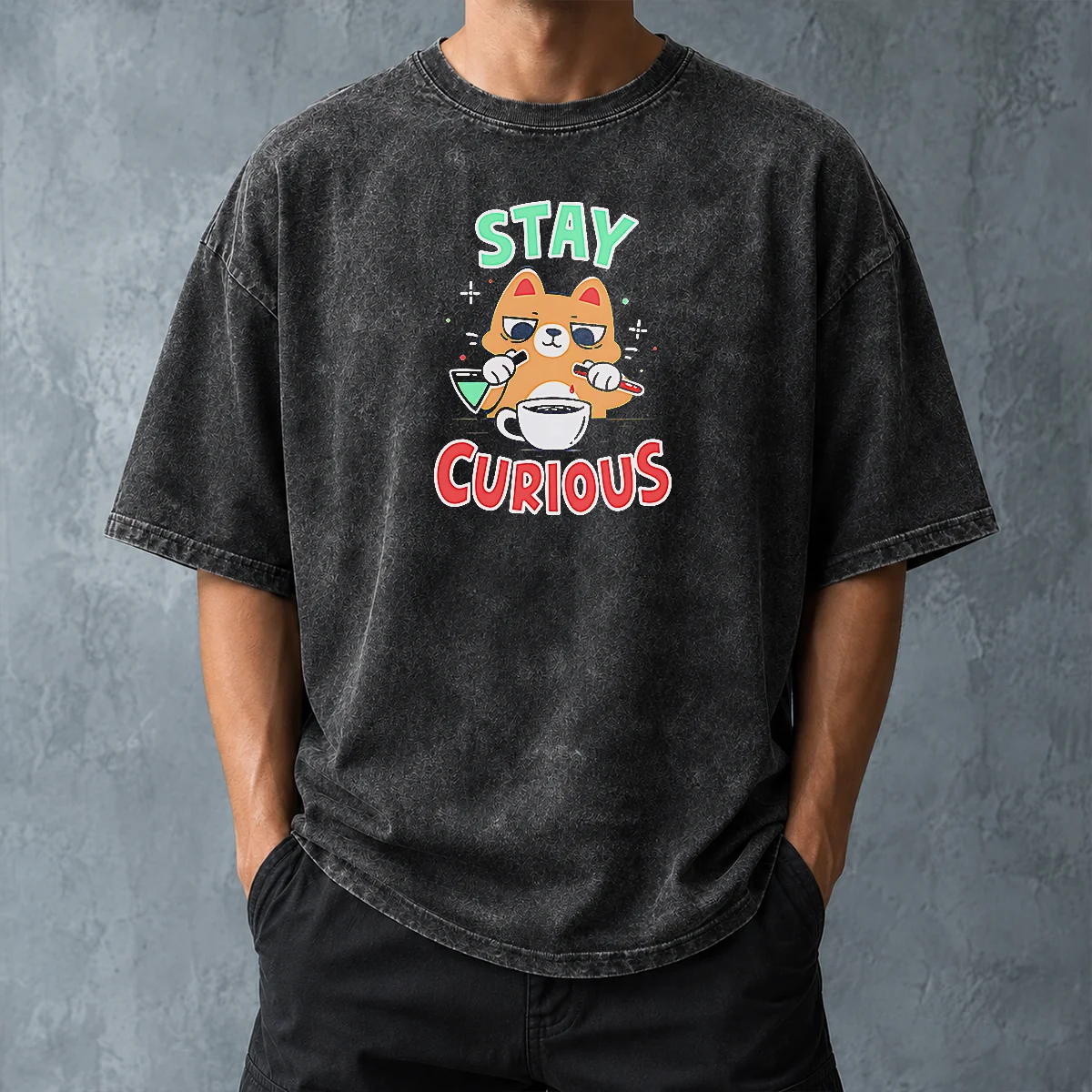 Pretty Stay Curious Science Cat Chemistry Laboratory Washed T Shirt on a soft washed cotton fabric, front view