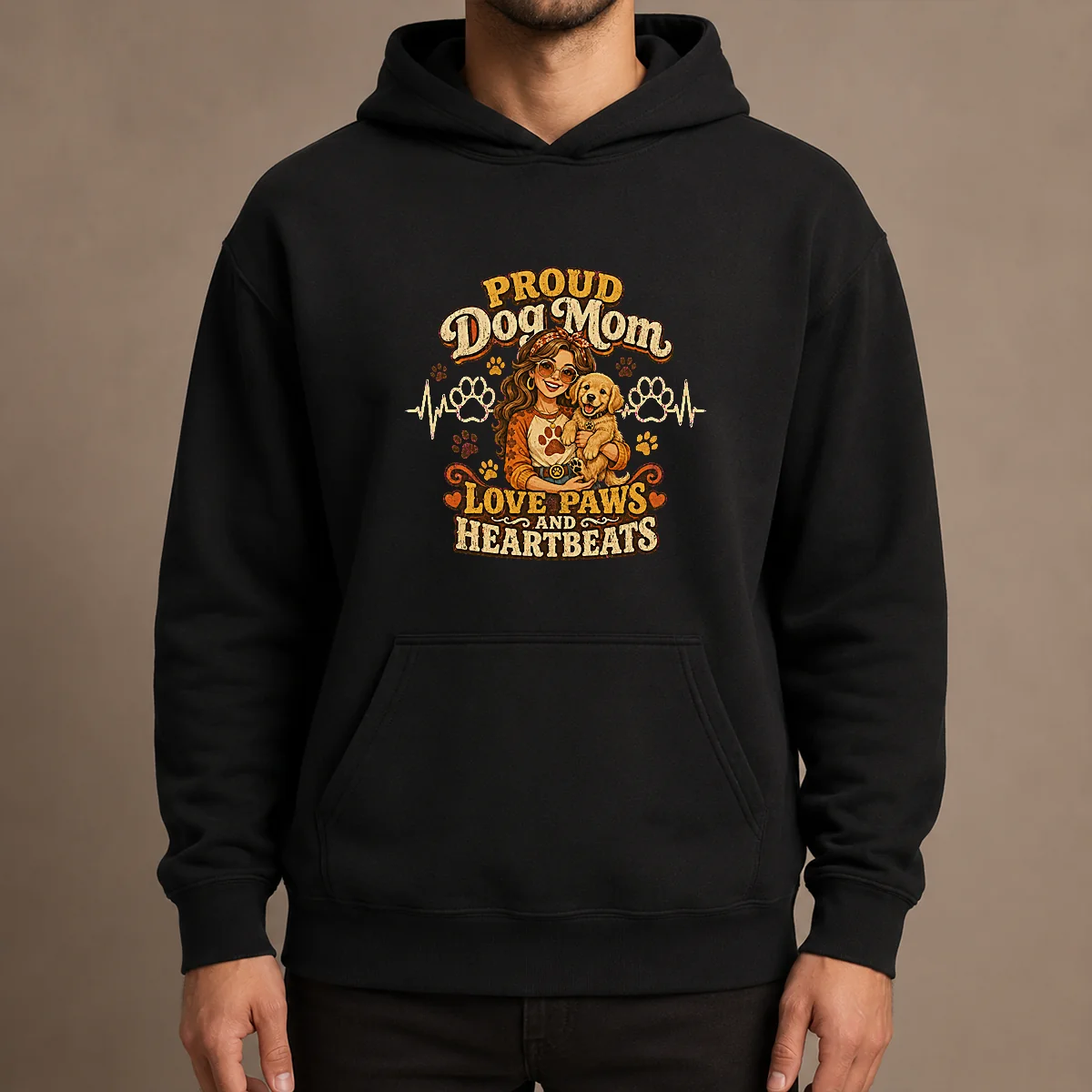 Proud Dog Mom Heartbeat Paw Prints Vintage Hoodie