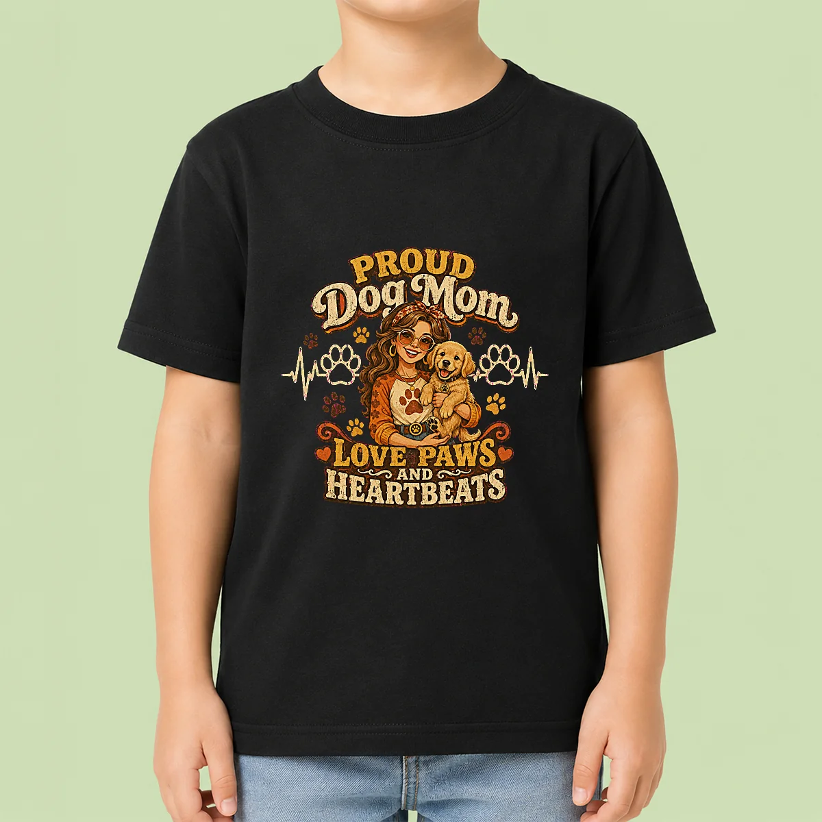 Proud Dog Mom Heartbeat Paw Prints Vintage Kids T-Shirt