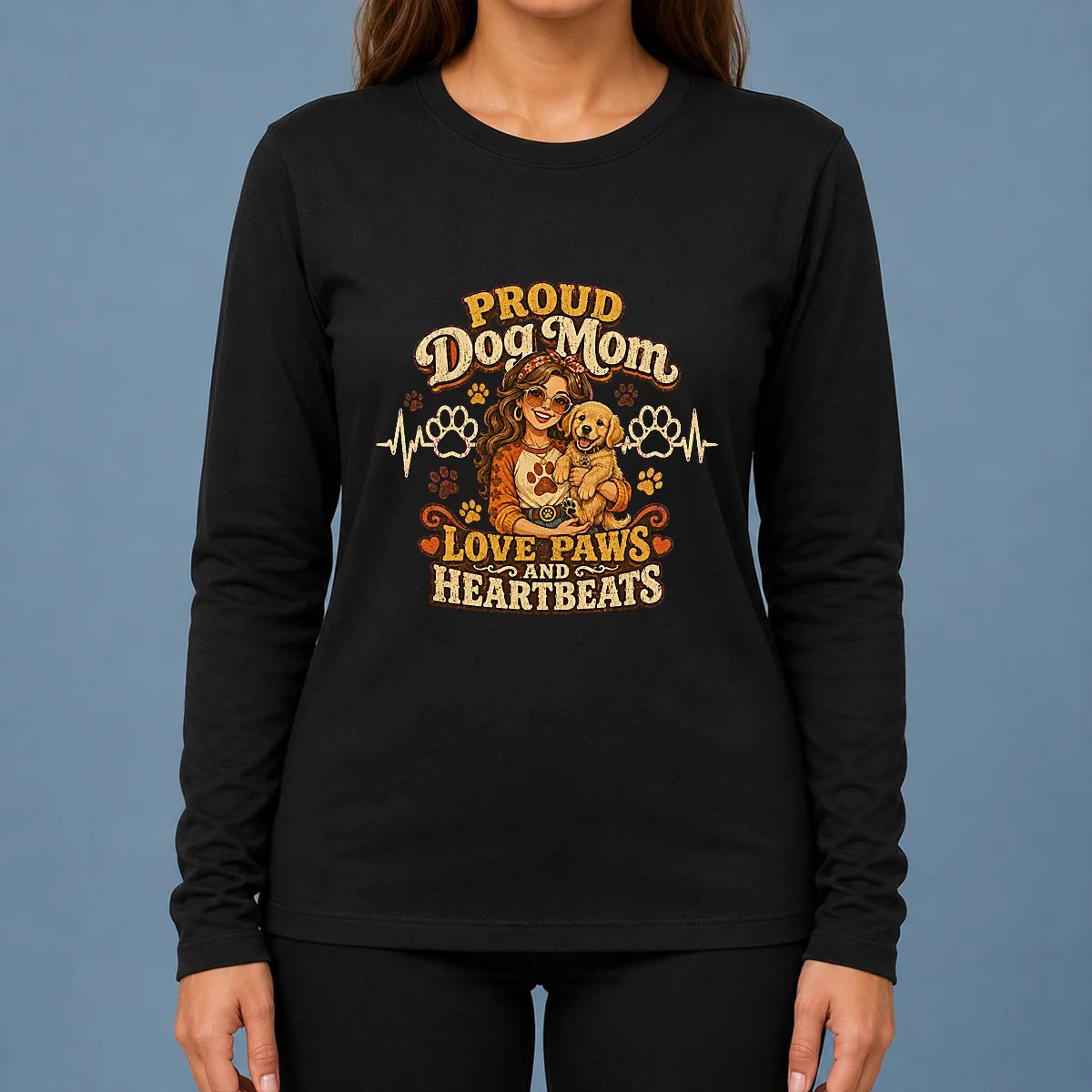 Proud Dog Mom Heartbeat Paw Prints Vintage Long Sleeve Shirt