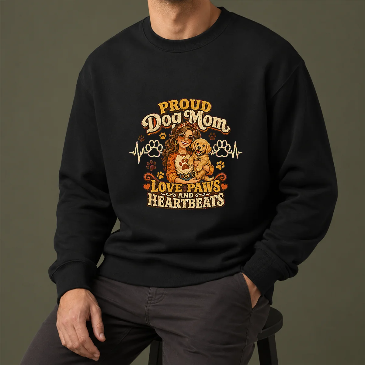 Proud Dog Mom Heartbeat Paw Prints Vintage Sweater
