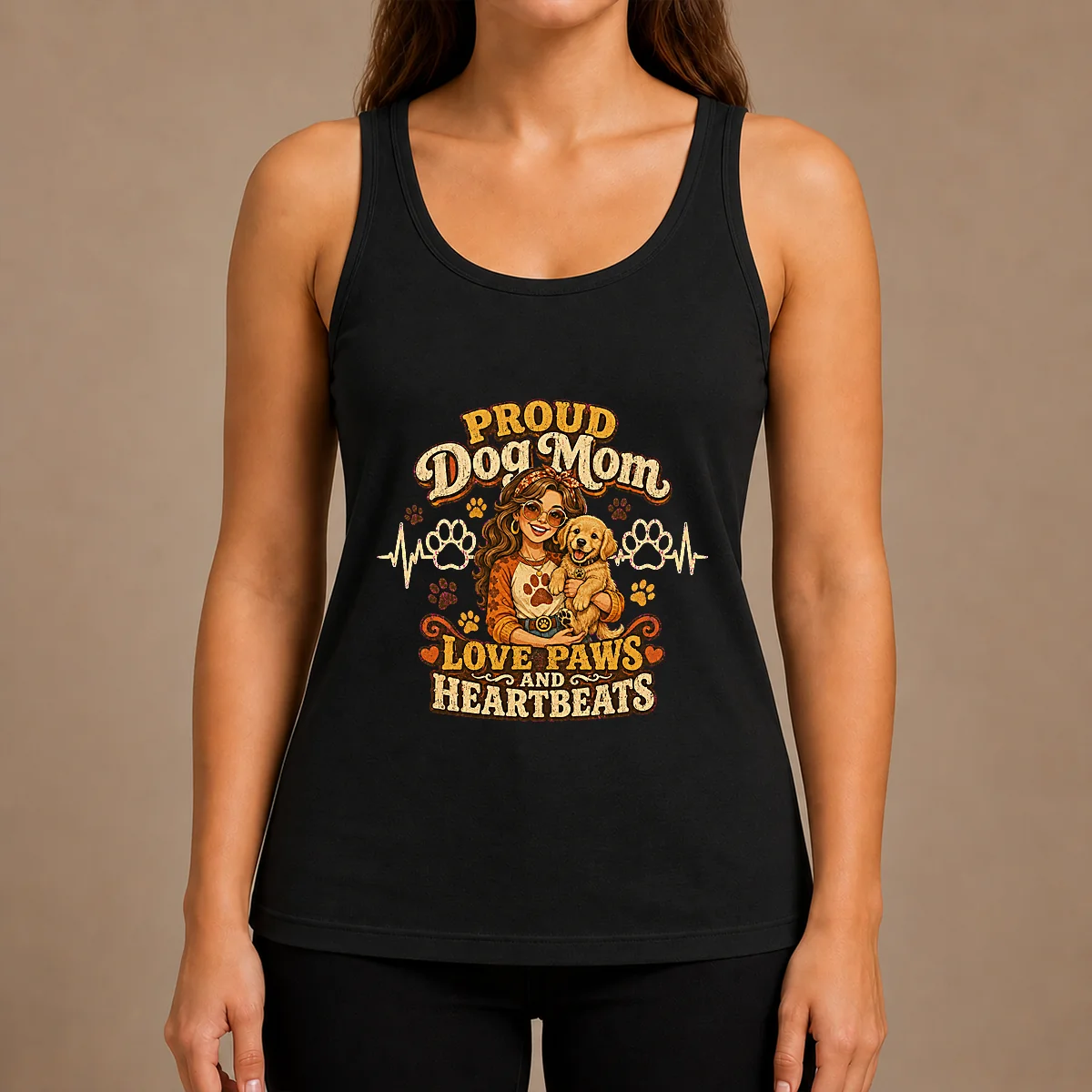 Proud Dog Mom Heartbeat Paw Prints Vintage Tank Top