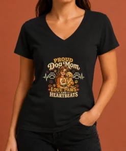 Proud Dog Mom Heartbeat Paw Prints Vintage V-Neck Shirt