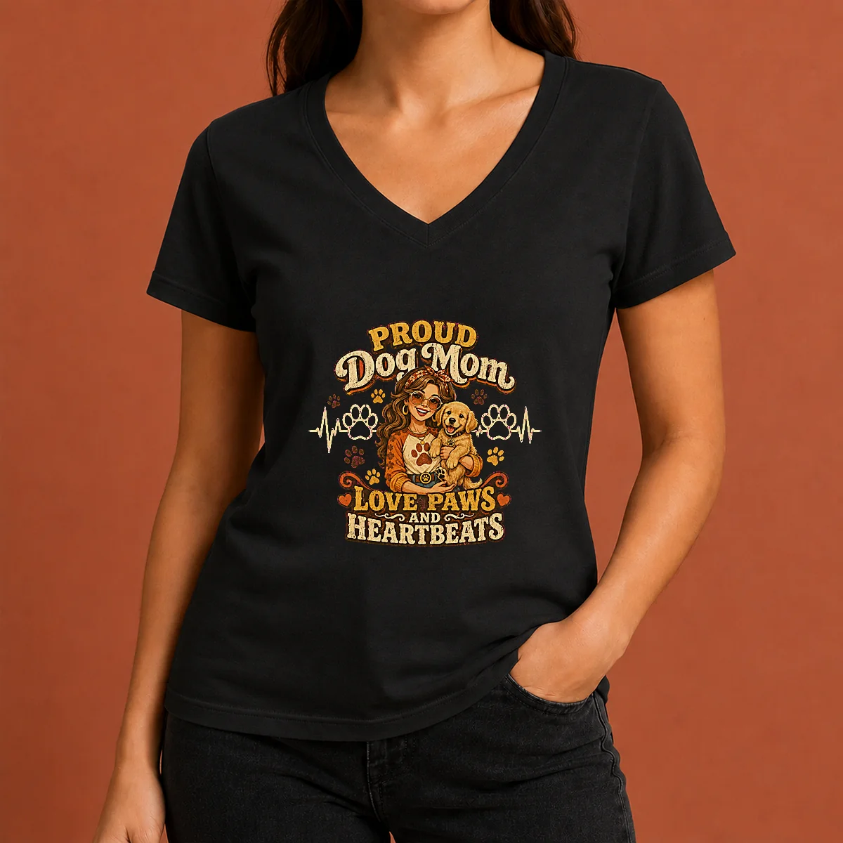 Proud Dog Mom Heartbeat Paw Prints V-Neck Shirt Proud Dog Mom Heartbeat Paw Prints V-Neck Shirt