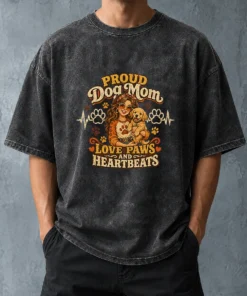 Proud Dog Mom Heartbeat Paw Prints Vintage Washed T-Shirt