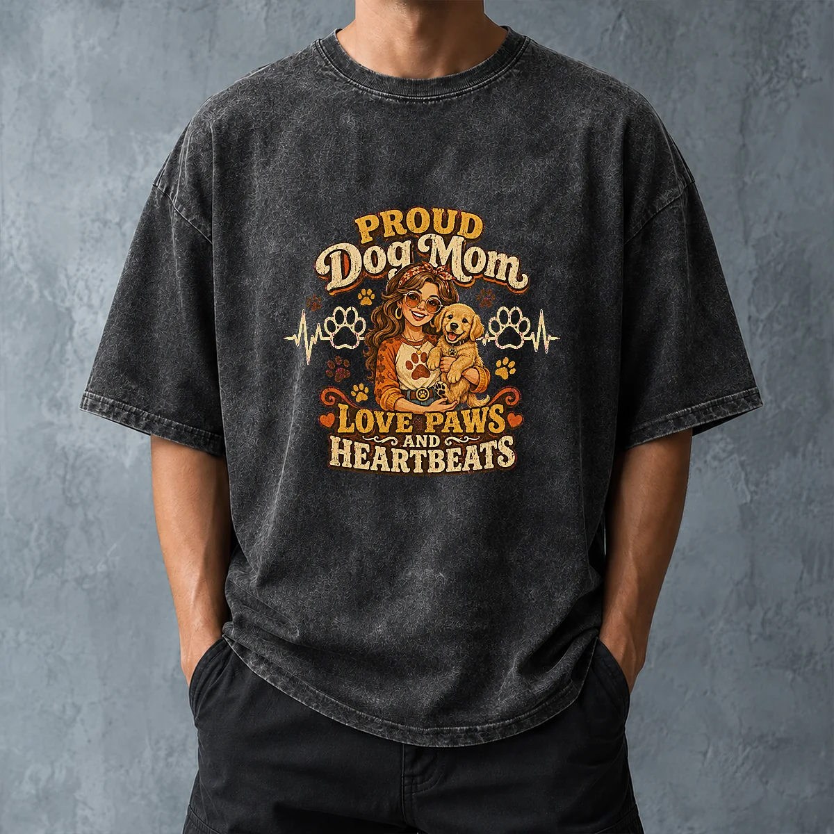 Proud Dog Mom Heartbeat Paw Prints Vintage Washed T-Shirt