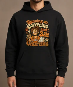 Running on Caffeine and 3AM Charting Nurse Groovy Retro Cartoon Hoodie