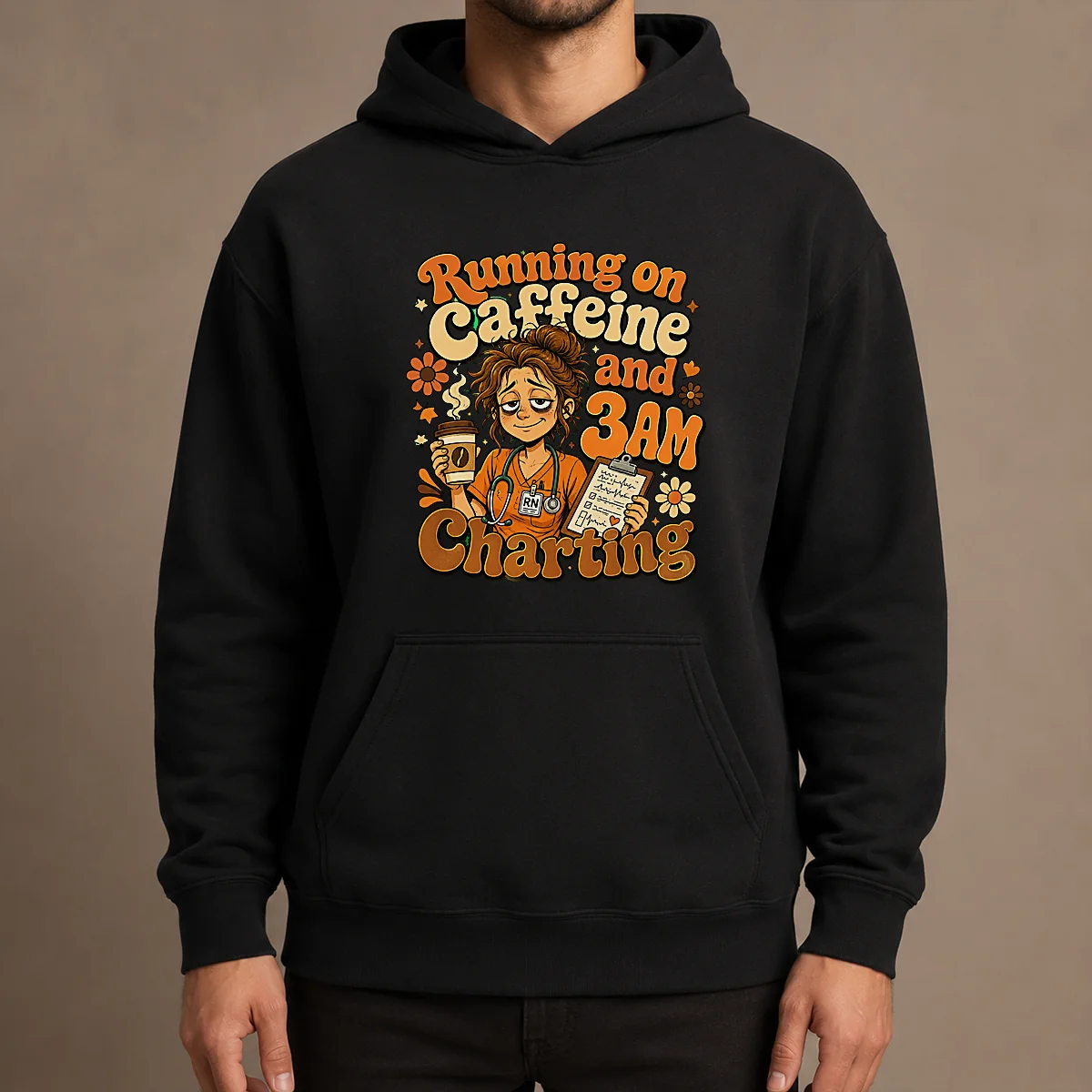 Running on Caffeine and 3AM Charting Nurse Groovy Retro Cartoon Hoodie