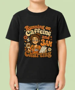 Running on Caffeine and 3AM Charting Nurse Groovy Retro Cartoon Kids T-Shirt