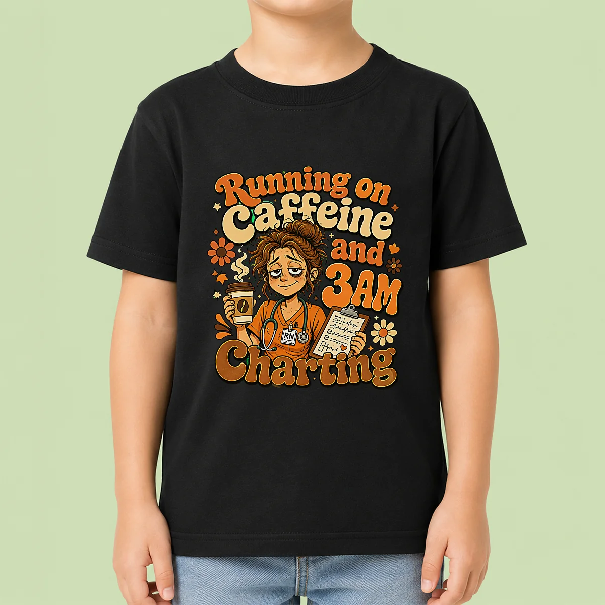 Running on Caffeine and 3AM Charting Nurse Groovy Retro Cartoon Kids T-Shirt