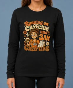 Running on Caffeine and 3AM Charting Nurse Groovy Retro Cartoon Long Sleeve Shirt
